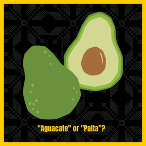 An avocado is shown cut in half; below this illustration, there is a text that reads: "aguacate" or "palta"?