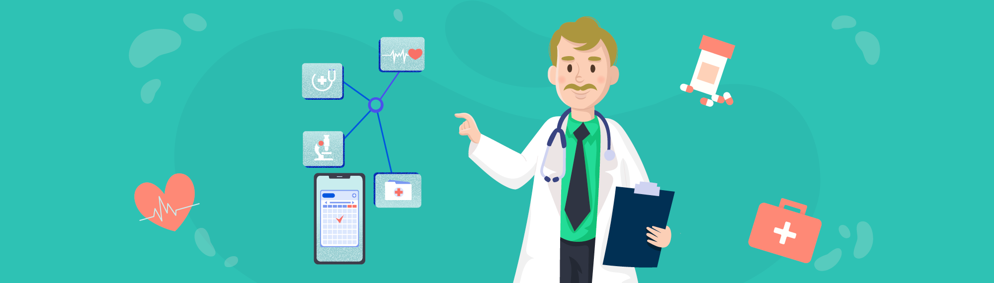 A doctor with a stethoscope around his neck and a clipboard in his hand points his finger at a smartphone showing a digital wellness app. In the background are elements related to medicine, like a medicine cabinet, a bottle of pills, and an illustration of a heart.