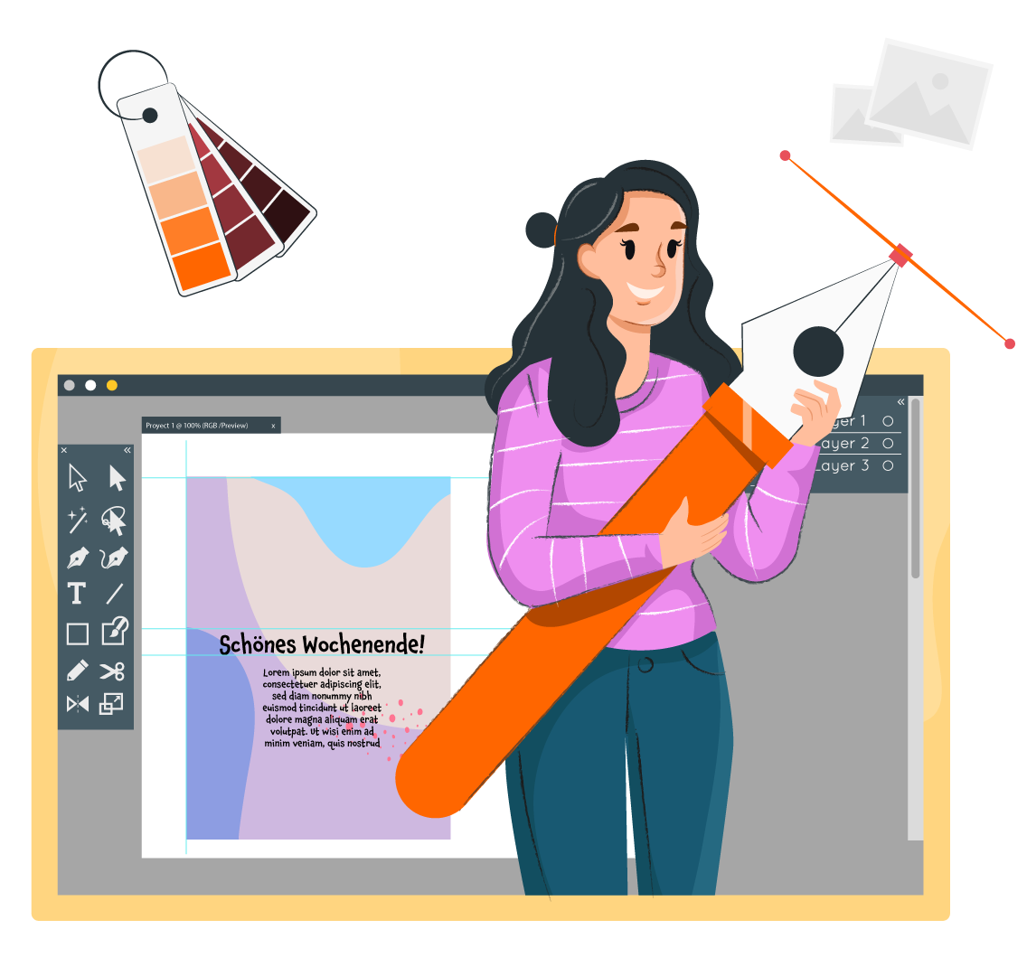 A young woman holds a giant fountain pen; in the background of the image, an interface of graphic design software with an editing project appears. In addition, illustrations resembling a color swatch and digital documents show up.