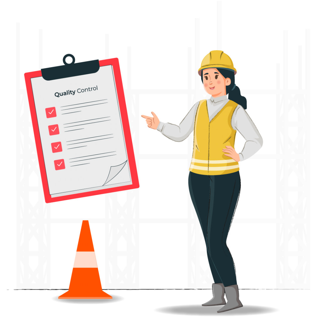 A female engineer in construction attire points to a clipboard with a quality control checklist. Behind her, a construction site and an orange caution cone are visible.