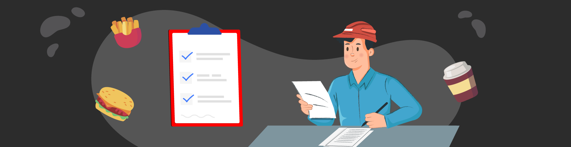 An Australis Localization translator who specializes in occupational safety and health projects works on the translation of process training for a fast food company. On his left side, you can see a picture of a hamburger and fries, and on his right side, a soft drink container.