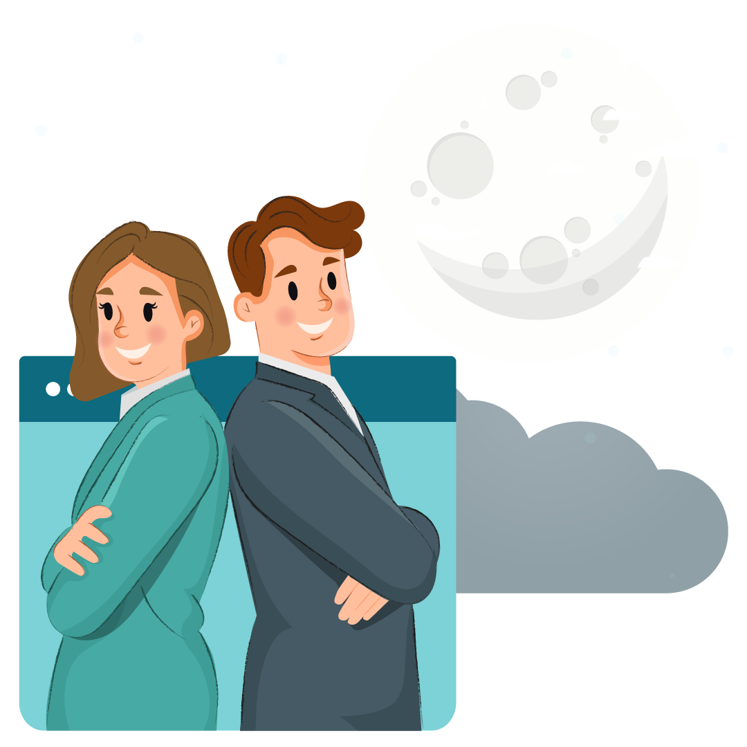 A businessman and a businesswoman are smiling with their arms crossed back-to-back; in the background, you can see a web browser interface, a cloud, and a full moon.