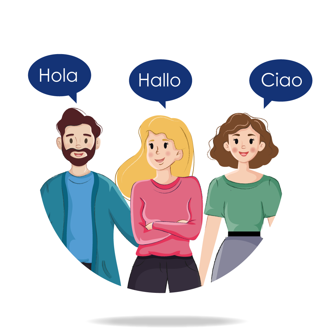 A group of translators speaking different languages consists of a bearded man saying "Hola" in Spanish, a woman with her arms crossed saying "Hallo" in German, and a young girl saying "Ciao" in Italian.