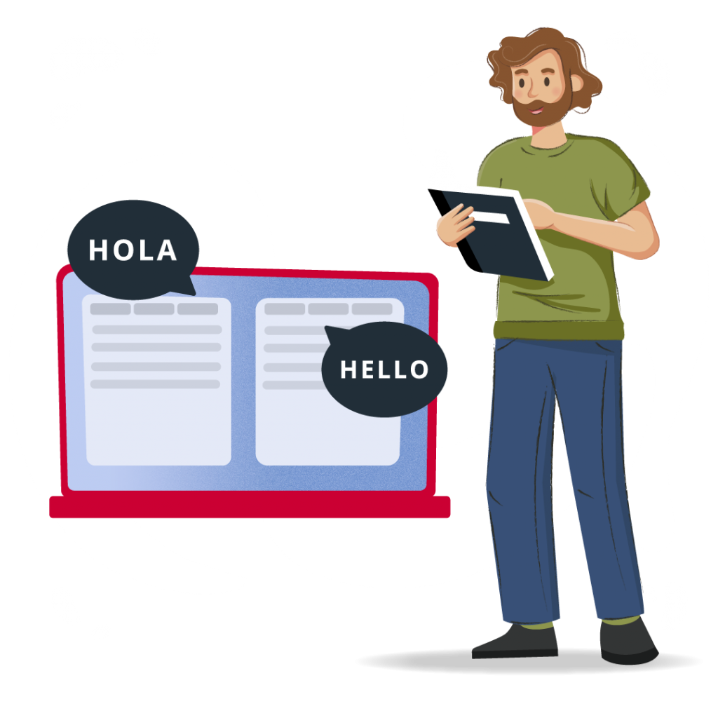 A man reads a book with information about why to hire the professional translation services of Australis Localization. In the background, a graphic is displayed that says "Hola" and "Hello."