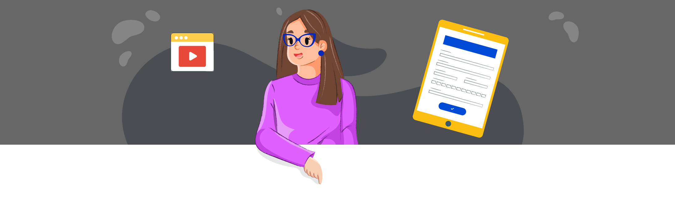 A woman wearing purple glasses points her finger at a contact form below her. In the background, an illustration alluding to video editing can be seen.