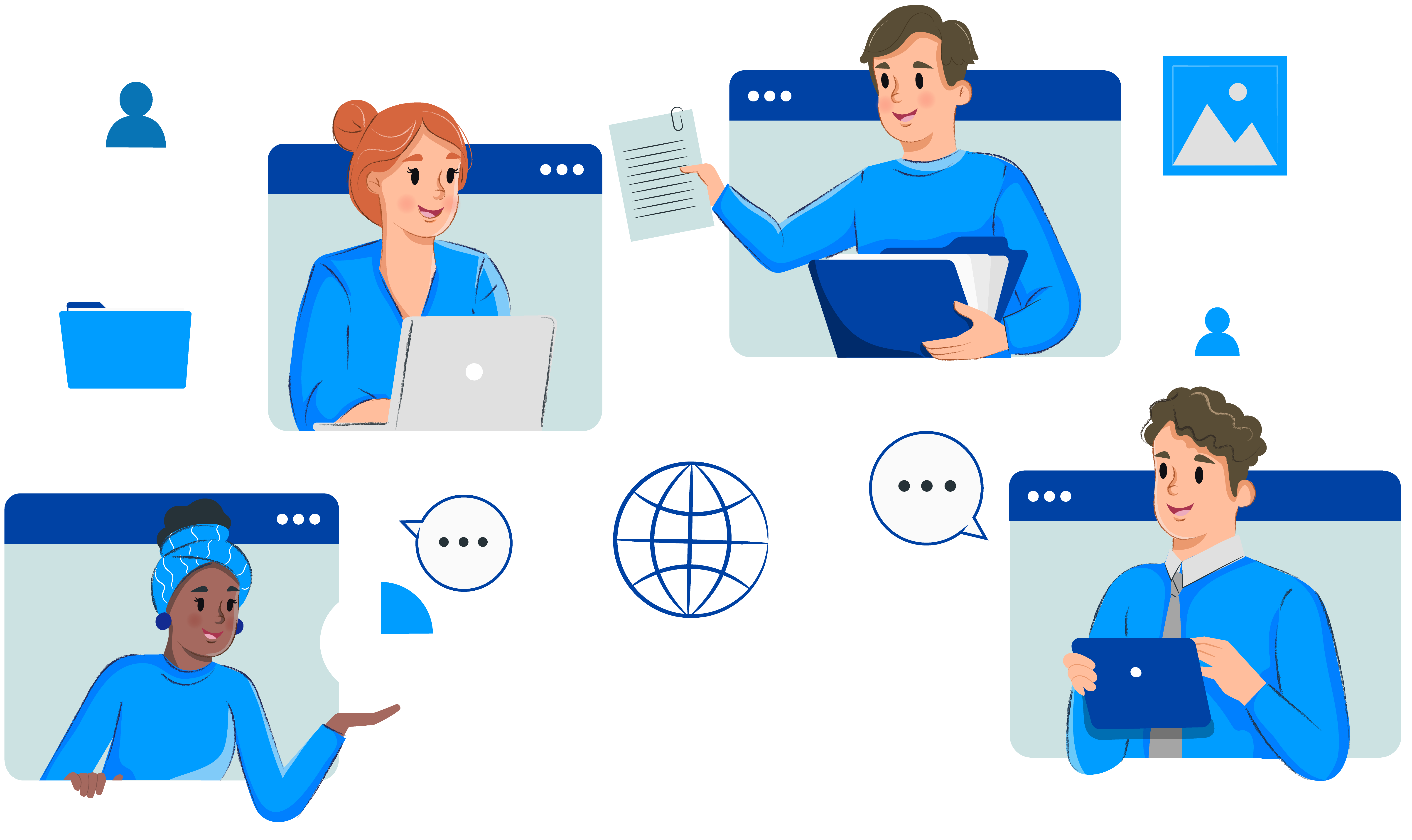 Australis Localization's translator team is seen emerging from browser screens; the team consists of an afro woman with a blue headscarf in her hair, a red-haired woman working on her laptop, a man holding some documents, and a translator holding a tablet.