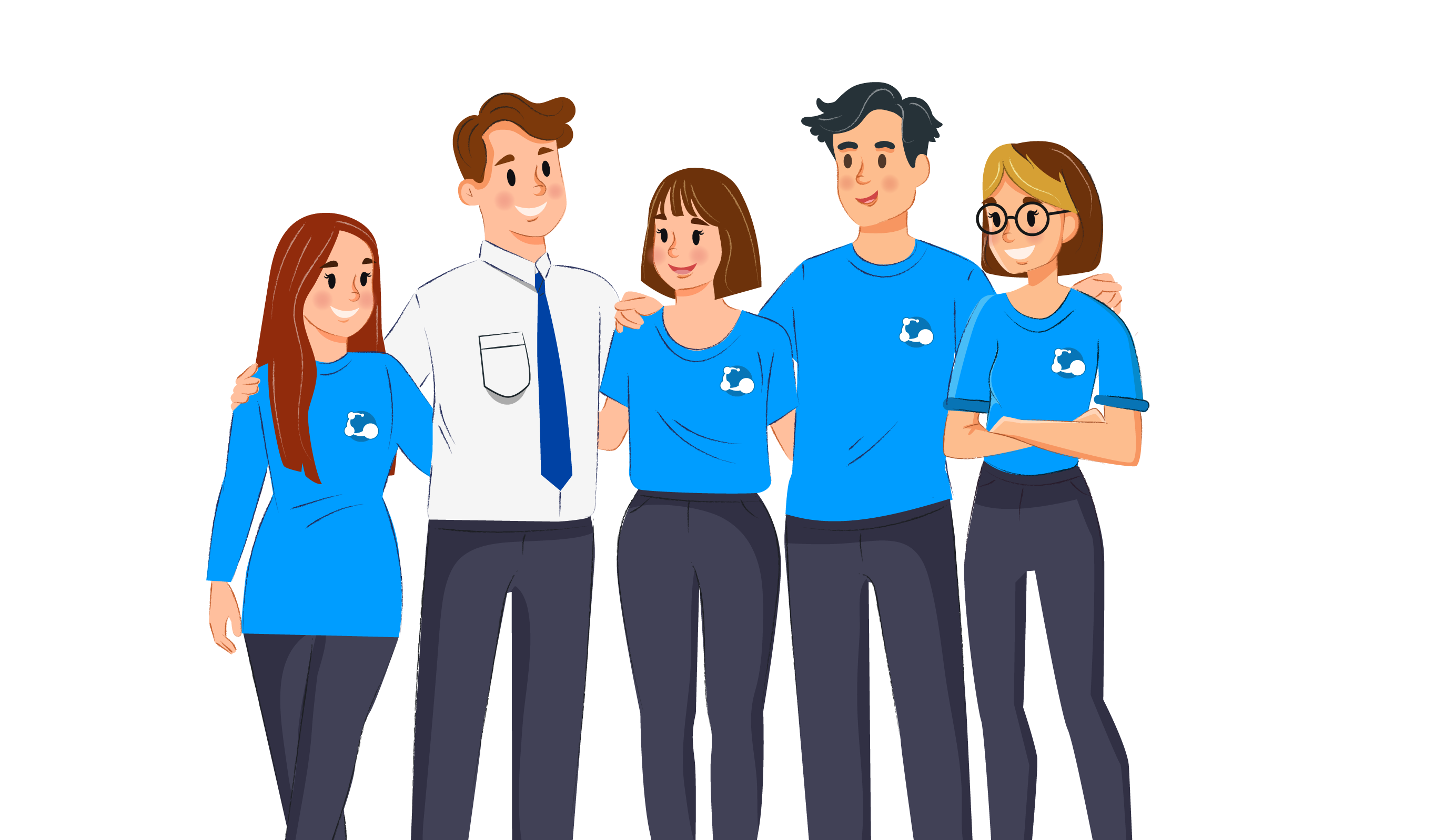 The Australis Localization team is shown all hugging at shoulder height; the team is composed of three women in blue shirts with the Australis logo, a man in a blue shirt, and a manager in a formal white shirt and a blue tie.