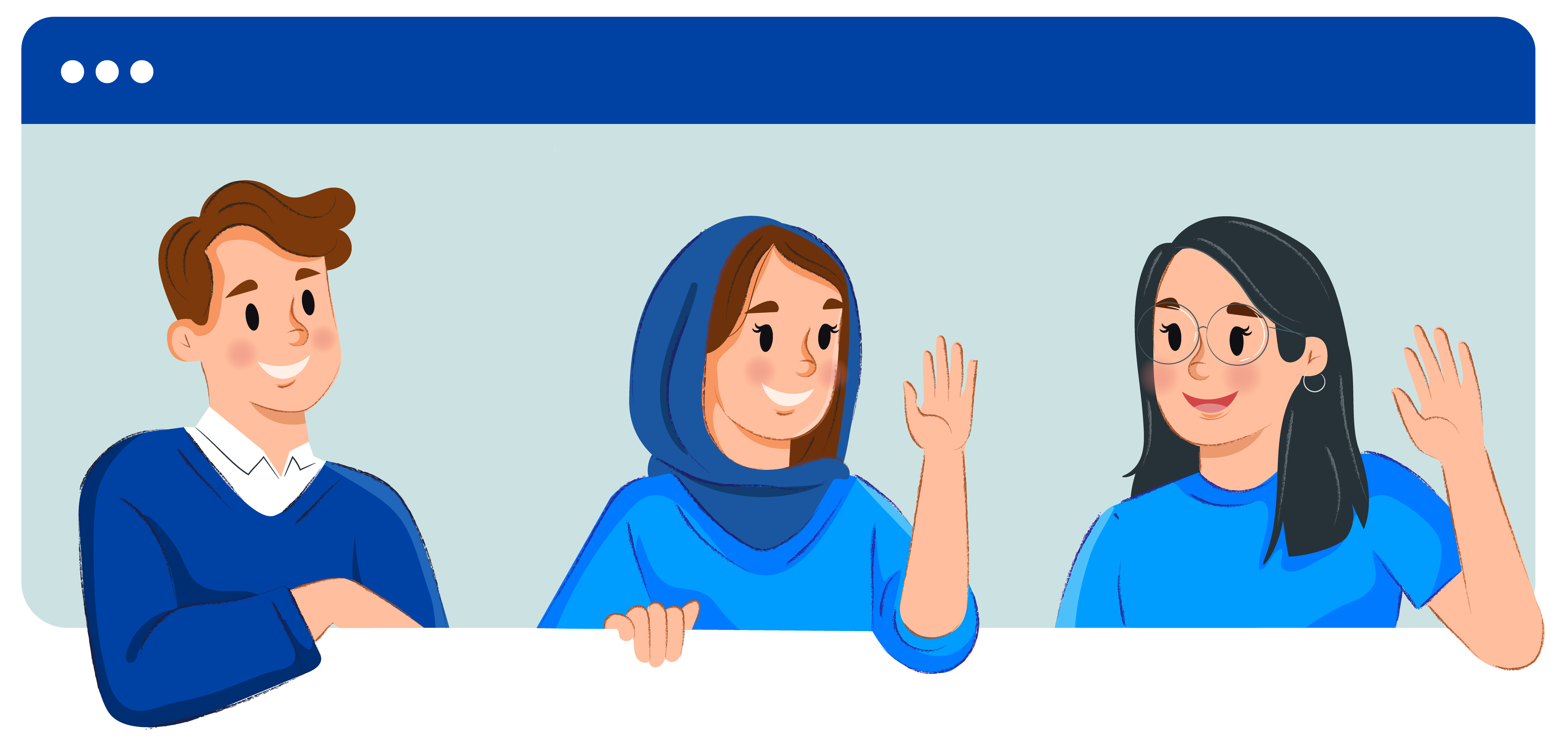 The Australis Localization team says goodbye; among them, a man smiles, a woman wearing a hijab says goodbye smiling and waving her hand, and a young woman wearing glasses says goodbye in the same way.