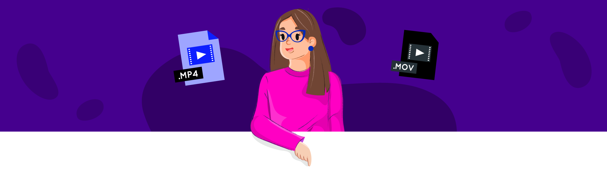 A woman wearing purple glasses points her finger at a contact form below her. In the background, an illustration alluding to video editing can be seen.